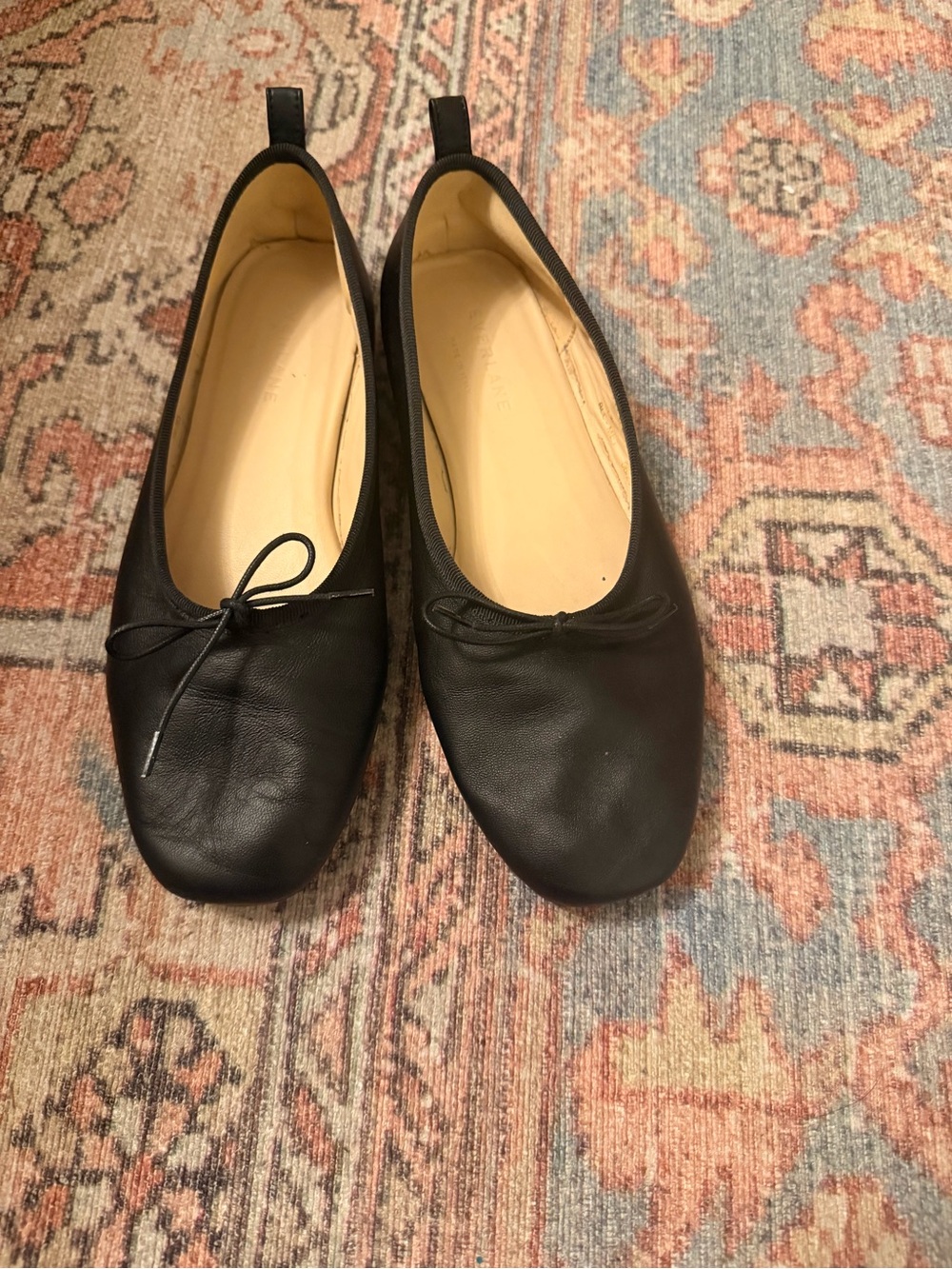 Everlane Black Leather Square-Toe Ballet Flats with Bow